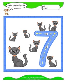 7 Rakamı Çizgi Çalışmaları Çalışma Sayfaları